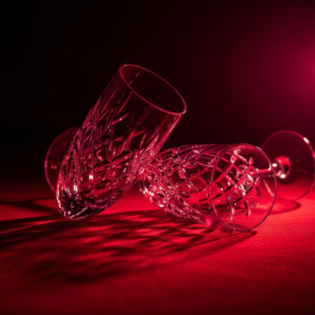 Two empty wine glasses on a red velvet background. Shallow depth of fieldの素材