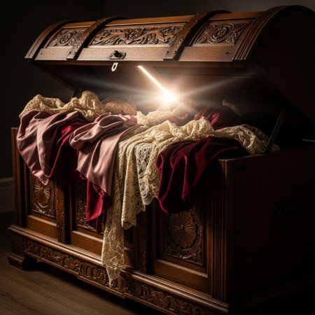 Wooden chest full of clothes in a dark room. Selective focus.の素材