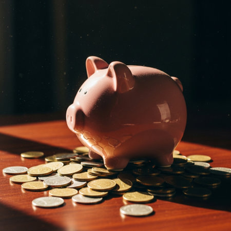 Piggy bank and coins on the table. The concept of saving money.の素材
