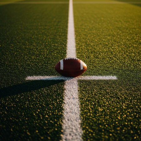 American football ball on green field with white line. American football conceptの素材