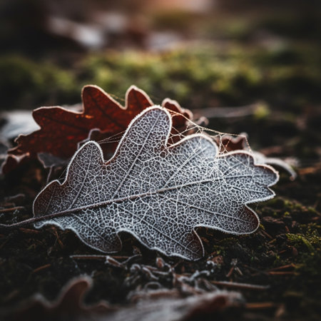 Frosted oak leaves on the ground in the forest in autumnの素材