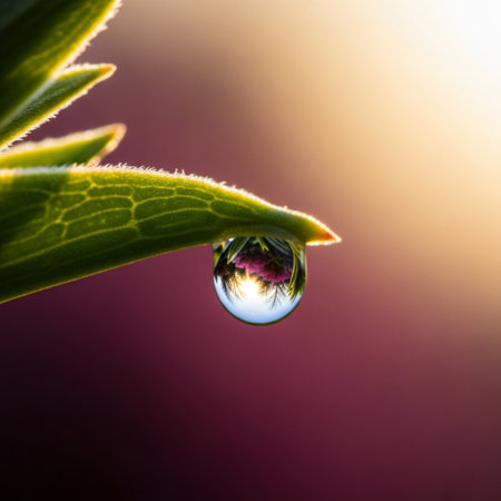 Drop of water on a green leaf with bokeh background.の素材