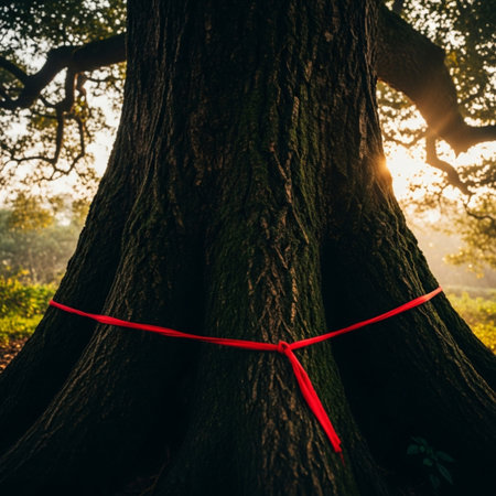 Silhouette of a tree with a red ribbon on it.の素材