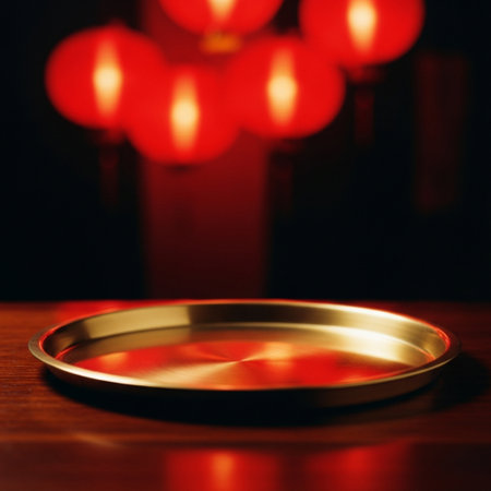 Candle on a wooden table with red lanterns in the backgroundの素材