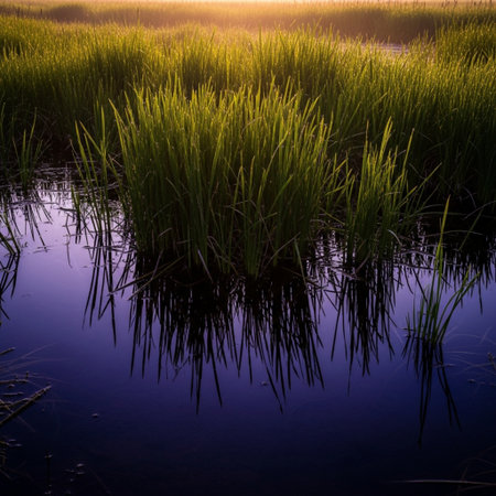 Rice field in the morning with fog and reflection on water.の素材