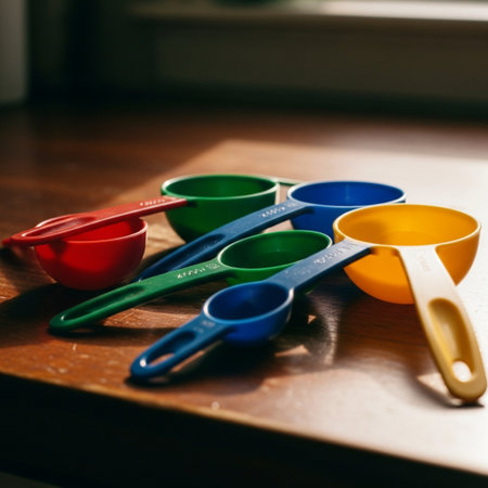 Colorful plastic measuring spoons on a wooden table in the kitchenの素材
