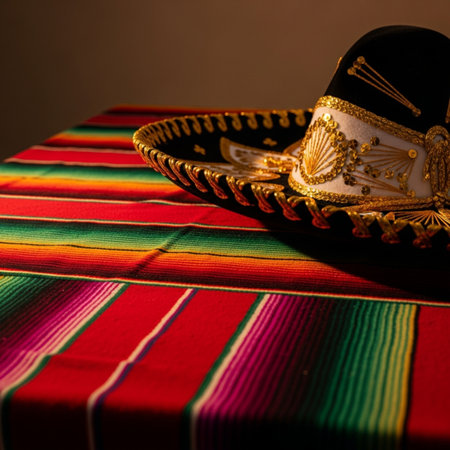 Traditional mexican sombrero hat on a colorful tableclothの素材