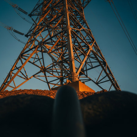 Electricity pylons and power lines at sunset. Electricity distribution station.の素材