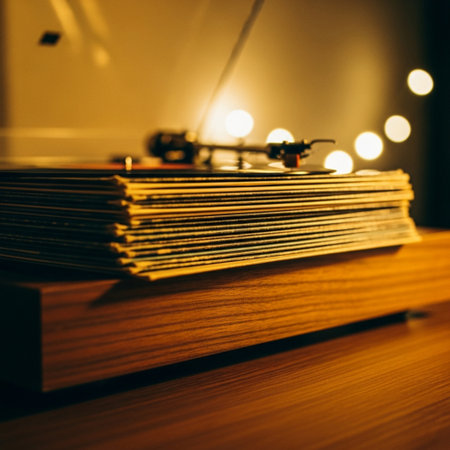 Vintage vinyl record player on a wooden table. Selective focus.の素材