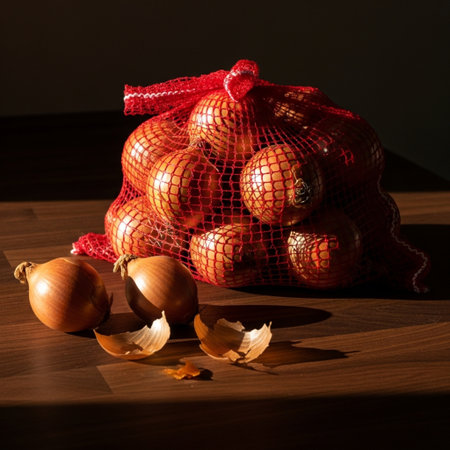 onions in a string bag on a wooden table, dark backgroundの素材