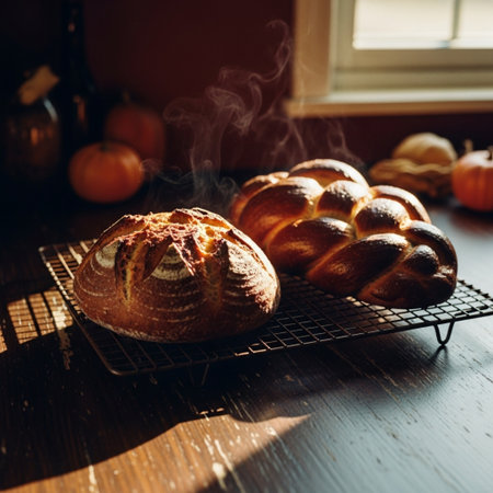 Freshly baked bread on a baking sheet on a dark wooden tableの素材