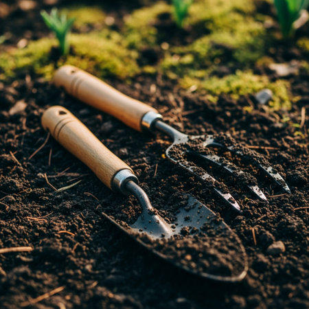 Garden tools on soil background. Gardening and planting concept.の素材