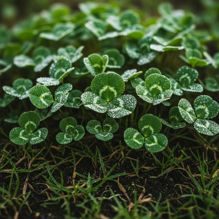 Green clover leaves with dew drops on the ground, close upの素材