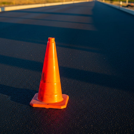Traffic cone on the asphalt road in the evening light. Close-up.の素材