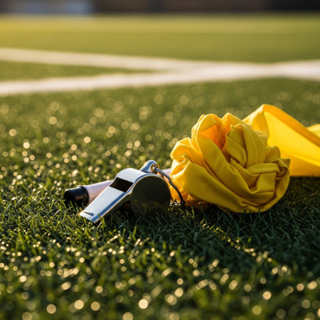 Referee whistle on soccer field with yellow cloth and green grass.の素材