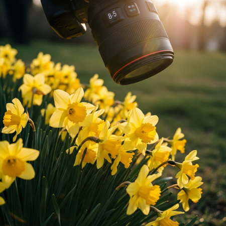 Photographer taking photo of beautiful daffodils flower in the gardenの素材