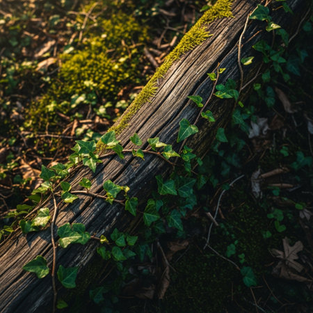 Green ivy growing on a log in the forest. Natural background.の素材