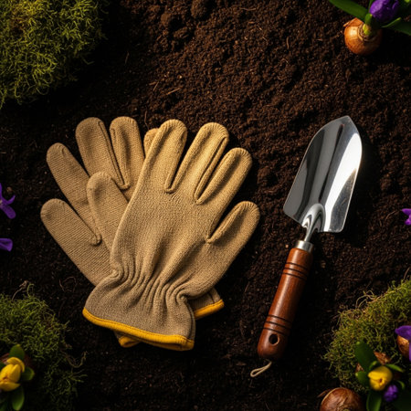 Gardening tools on fertile soil background. Gardening concept.の素材