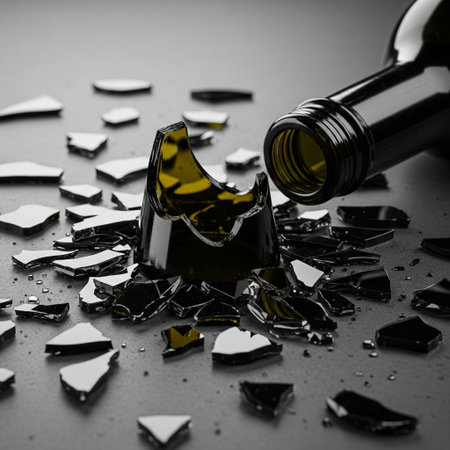 Broken bottle of wine on a black background, close-upの素材