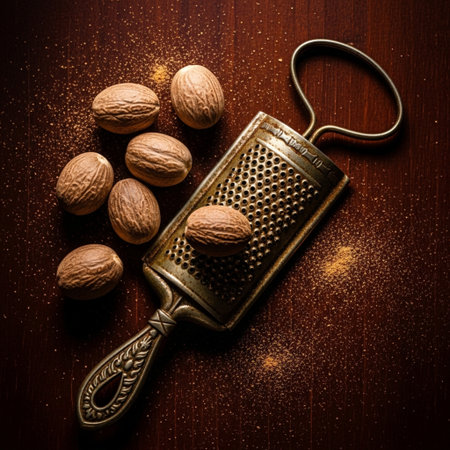 Nutmegs and grater on wooden background. Toned.の素材