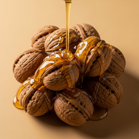 Honey pouring from a spoon into walnuts on a yellow backgroundの素材