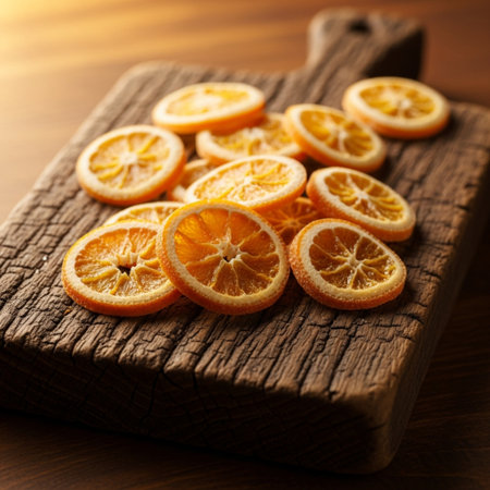 dried tangerines on wooden cutting board, shallow dofの素材