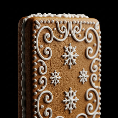 Christmas gingerbread cookie with icing and snowflakes on a black backgroundの素材