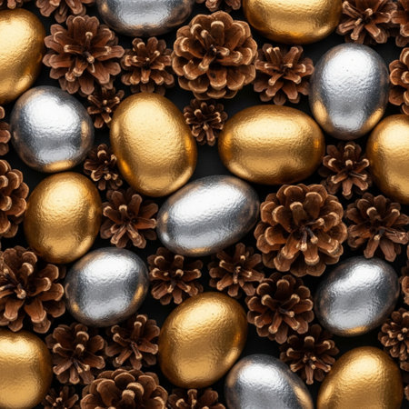Golden and silver Easter eggs with pine cones on a black background.の素材
