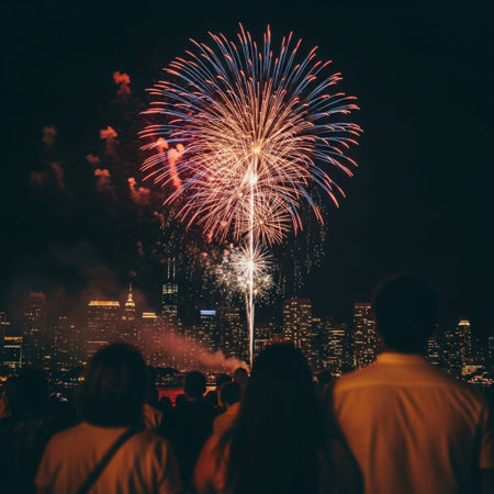 New York City Skyline with Fireworks.の素材
