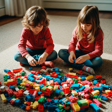 Cute little girls playing with colorful plastic building blocks at home.の素材