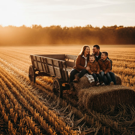 Happy family sitting on a cart in a wheat field at sunset.の素材