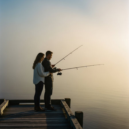 Young couple fishing on the lake at sunrise. Man and woman fishing together.の素材