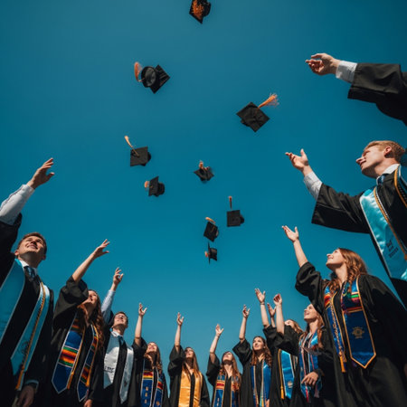 Group of graduates throwing caps in the air. Graduation concept.の素材