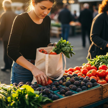 Young woman holding shopping bag full of fresh vegetables and fruits at farmers marketの素材