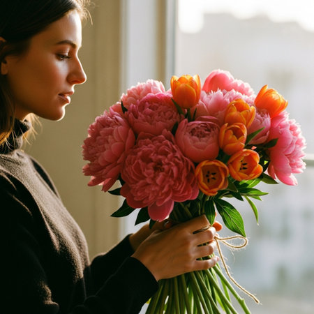 Beautiful young woman with a bouquet of pink peonies.の素材
