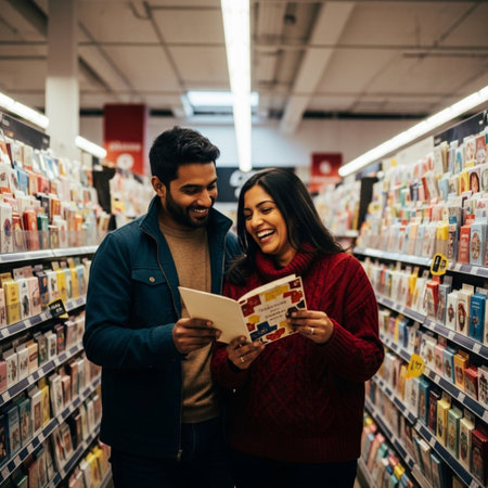 Young couple shopping in a supermarket. Man and woman shopping in a supermarket.の素材