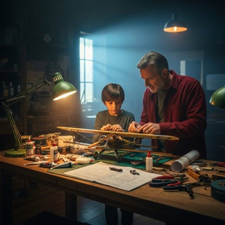 Grandfather teaching grandson how to make a wooden toy airplane at homeの素材