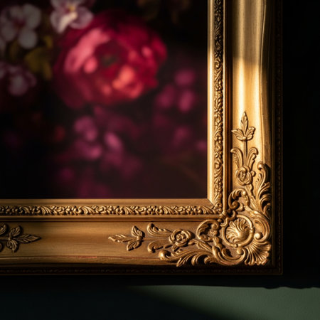 Wooden picture frame with floral pattern on a dark background. Selective focus.の素材