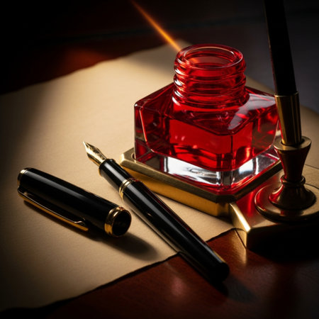 Vintage fountain pen and inkwell on paper background. Retro style.の素材