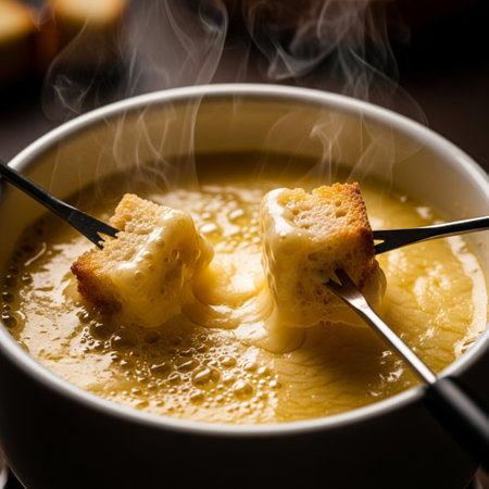 Cheese fondue with croutons and smoke in a bowlの素材