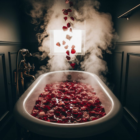 Bathtub with rose petals and smoke in the dark roomの素材