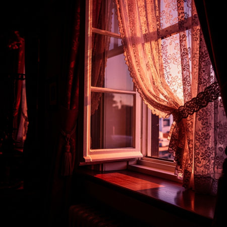 Beautiful window with curtains in the evening. Vintage style photo.の素材