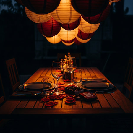 Romantic dinner table with candles, plates and glasses on the tableの素材