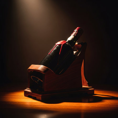 Bottle of red wine in wooden box on dark background with copy spaceの素材