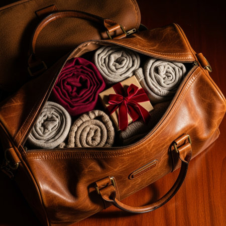 Women's handbag with a gift and a rose on a wooden backgroundの素材