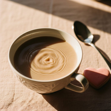 Cup of coffee with heart shaped marshmallow on table, closeupの素材