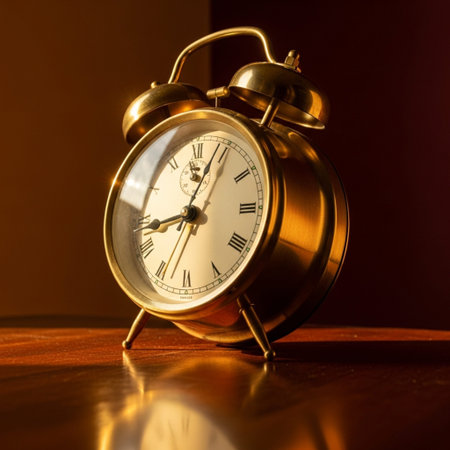 Vintage alarm clock on a wooden table. Close up. Selective focus.の素材