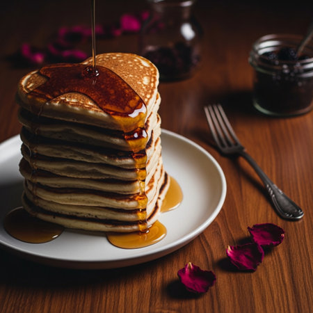 Pancakes with maple syrup and blackberries on a wooden backgroundの素材