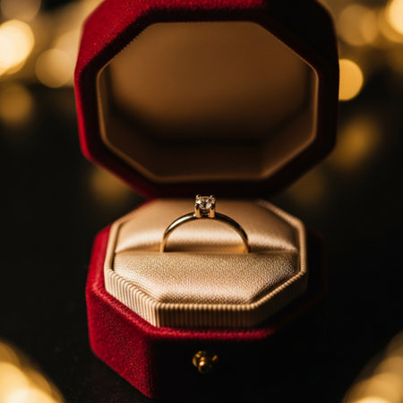 Wedding ring in a red box on a dark background.の素材