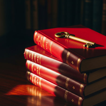 Red books with golden key on wooden table, vintage toned imageの素材